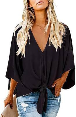 Women's Casual Floral Blouse Batwing Sleeve Loose Fitting Shirts Boho Knot Front Tops