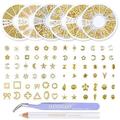Gold Nail Studs Metal Nail Charms 3d Nail Art Charms Manicure Decoration Kit Star Moon Shell Cross Flower Nail Jewels with 1pc Curved Tweezers, Wax Pen (6 Wheels)