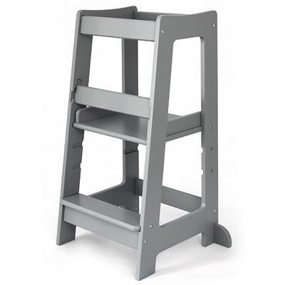 Toddler Tower 3-Level Adjustable Wooden Toddler Step Stool Gray | Toddler Standing Tower with 3 Height Levels, Fits under Counter, Comes with Child-safe Knife & Chopping Board, for 18M - 4Y