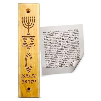 Olive Wood Mezuzah with Scroll, Messianic Symbol - Menorah, Star, & Fish, Made in Israel, Religious Home Décor for Door & Wall, Includes Parchment Prayer Scroll, Jewish & Messianic House Wall Art