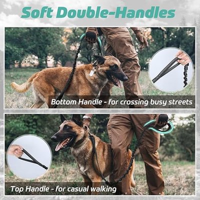 rabbitgoo Tactical Dog Leash, Heavy Duty Training Bungee Lead | Military Leash with 2 Padded Control Handles for Medium Large Dogs, No Pull for Shock Absorption, Reflective, Black, 5.2FT