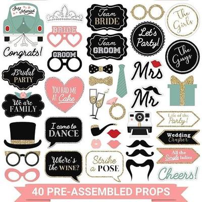 Fully Assembled Wedding Photo Booth Props - Set of 40 - Pink & Teal | No DIY - Pre-Assembled Gold, Pink, Teal, & Silver Selfie Signs - Cute Wedding Party Supplies & Decorations with Real Glitter