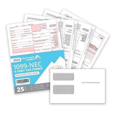 Blue Summit Supplies 1099 NEC 2026 Tax Forms Kit, 25 Pk, 4 Part, Envelopes | 25 sets, report nonemployee pay, 3 1096 transmittals, self seal envelopes, QuickBooks compatible