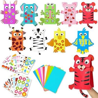 WATINC 9Pack Hand Puppet Art Craft - DIY Making Your Own Paper Sock Puppets Kits Wiggle Googly Eyes, Imaginative Early Learning Classroom Family Storytelling Games Pretend Party Supplies (Animals)