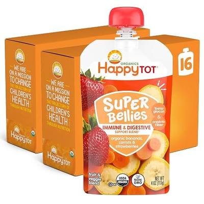 Happy Tot Organics Stage 4 Baby Food Pouches, Gluten Free, Vegan Snack, Super Bellies, Fruit & Veggie Puree, Banana, Carrot & Strawberry 4 Ounce (Pack of 16)