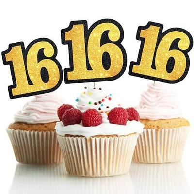 LINGPAR 16 Years Old Black Gold Cake Toppers Happy 16th Birthday Cupcake Toppers Sixteen Birthday Party Decoration Supplies 15PCS