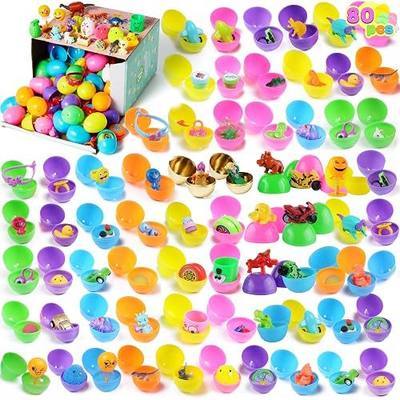 JOYIN 80 Sets Prefilled Easter Eggs with Novelty Toys, 78pcs Colorful and 2pcs Golden Eggs for Hunt, Basket Stuffers/Fillers, Theme Party Favor