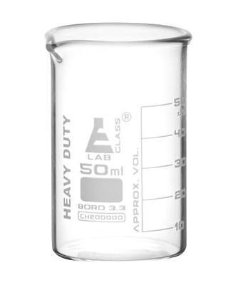 EISCO Heavy Duty Beaker, 50ml - 2.2mm Thick, Uniform Walls - Superior Durability & Chemical Resistance - White Graduations - Borosilicate 3.3 Glass | Heat & Chemical Resistant, Thermal Shock Ready, 2.2mm Uniform Walls, For Harsh Reagents, Easy Read 10ml Marks, Autoclavable
