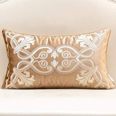 Avigers Lumbar Pillow Cover 12 x 20 Inch, Beige, Velvet, Hidden Zipper | Insert not included; Glam embroidery accent for couch, sofa, bed and living room; removable for seasonal updates