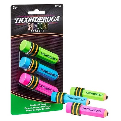 Ticonderoga Pencil Shaped Erasers, Neon Colors, 3 Count