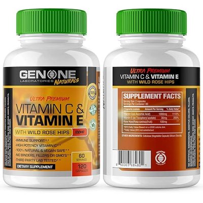GENONE LABORATORIES Vitamin C & Vitamin E with Wild Rose Hips, 1000mg, High Potency, Immune Support, 100% Natural, Vegan Safe, Non GMO