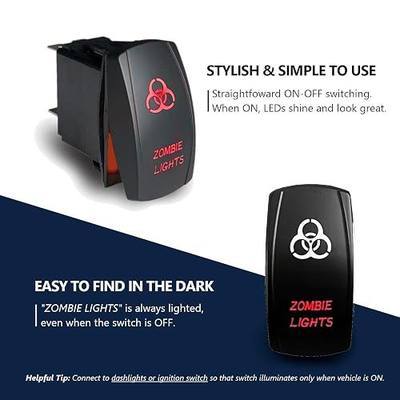 MGI SpeedWare LED Rocker Switch ON-Off, 20A 12vDC, 5-Pin with Jumper Wires, Laser Etched Zombie Lights (Red)