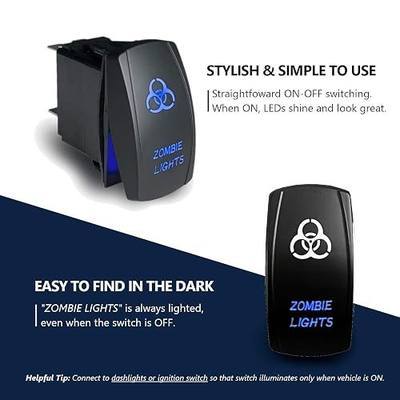 MGI SpeedWare LED Rocker Switch ON-Off, 20A 12vDC, 5-Pin with Jumper Wires, Laser Etched Zombie Lights (Blue)