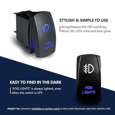 MGI SpeedWare LED Rocker Switch ON-Off, 20A 12vDC, 5-Pin with Jumper Wires, Laser Etched Fog Lights (Blue)