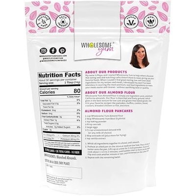 Wholesome Yum Premium Fine Blanched Almond Flour For Baking, Keto, Low Carb | Gluten Free, Keto Friendly All-Purpose Flour Substitute With Ground Almonds. Very Fine Grind, Made in USA (16oz / 1lb)
