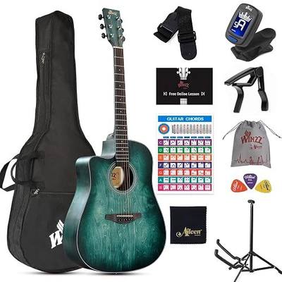WINZZ HAND RUBBED Series - Left Handed 41 Inches Cutaway Acoustic Acustica Guitar Beginner Starter Bundle with Online Lessons, Padded Bag, Stand, Tuner, Capo, Chords, Strap, Picks, Dark Hunter Green