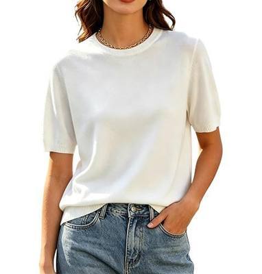 DAIMIDY Women's Short Sleeve Sweater Summer Knit Pullover Tops | Crew Neck| Ribbed Elastic Hem| Breathable Lightweight Comfortable| Business Casual Tops| Versatile Seasonal Wear.