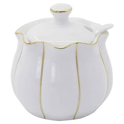 Porcelain Sugar Bowl with Lid and Spoon 9.17oz/260ml Ceramic Sugar Bowl Sugar Container for Home Kitchen in Golden Edge Pumpkin Design