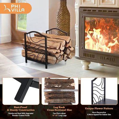 PHI VILLA 17 Inch Firewood Log Rack Bin Indoor/Outdoor Decor Steel Fireplace Wood Holder Storage Brackets Holder Wood Burning Stove Accessories, Black Wave