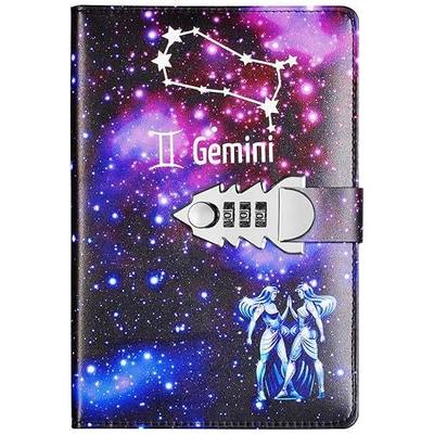 Locking Diary Combination Lock Journal Constellation Writing Diary A5 Starry Sky Lock Leather Notebook (Gemini)