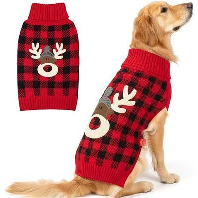 KYEESE Dog Christmas Sweater with Reindeer Pattern, Cozy Holiday Outfit, Red Buffalo Plaid Knitwear, Turtleneck Dog Sweater for Medium Dogs with Leash Hole, Soft Warm Pet Clothes, XX-Large