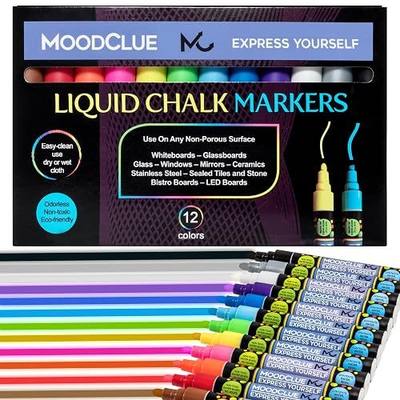 MoodClue Liquid Chalk Markers Neon 12 Pack. Bold Wet & Dry Erase Marker Pens. Erasable and Washable Chalkboard Markers for Windows, Mirrors, Glass, Whiteboards. Reversible Thick and Fine Tip.