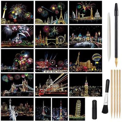 Magic Scratch Art Paper, Mini Envelope Postcard, Rainbow Night View Scratchboard for Adults and Teens, Art & Crafts Set : 16 Sheets Scratch Cards & 7 Tools Drawing Pen, Brush (Travel Around The World)