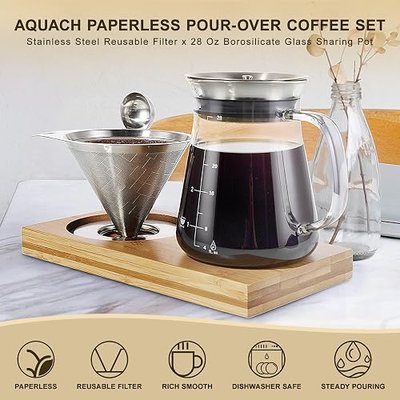 Aquach 28oz Pour Over Coffee Maker Set, Glass Carafe with Reusable Filter | Dishwasher Safe, Sharing Capacity, 304 Stainless Filter, Borosilicate Glass, Plastic Free Brewer