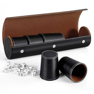 Leather Dice Cup Set, 5 Black Dice Cups + 25 Dices + Exclusive Storage and Transport Case Made of Faux Leather for Dad(Black) | PU leather dice set with 5 felt-lined cups, 25 dice and storage case for Liar’s Dice, craps, backgammon and party games