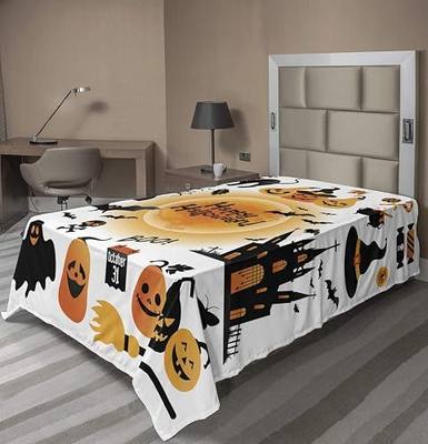 Ambesonne Halloween Flat Sheet, All Hallows Day Objects Haunted House Owl and Trick or Treat Candy Black Cat, Soft Comfortable Top Sheet Decorative Bedding 1 Piece, TwinXL Size, Orange Black