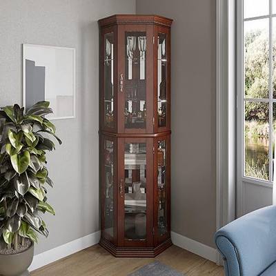 BELLEZE Lighted Wooden Corner Display Curio Cabinet, Two Section Shelving Unit with Tempered Glass Door, Bar and Liquor Storage Area with 6 Shelves - Lorona (Walnut)
