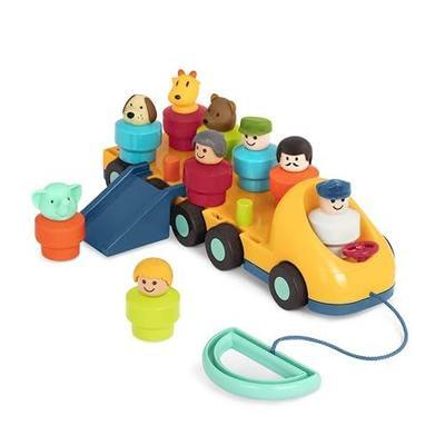 Battat Toy Bus for Toddlers, Spinning Bus with 9 Figures and Ramp, Vehicles | Pull-along toy bus with moving parts, 9 assorted characters, detachable ramp, color-matching play for toddlers, 18+ Months