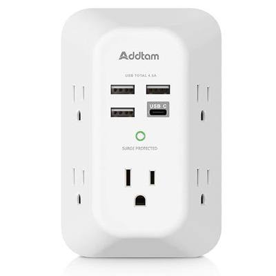 Addtam 5-Outlet Extender Surge Protector, Multi Plug Wall Outlet with 4 USB Wall Charger(1 USB C Ports), Outlet Splitter Power Strip for Home Office Dorm Room Essentials, Plug Extension Outlet 1800J