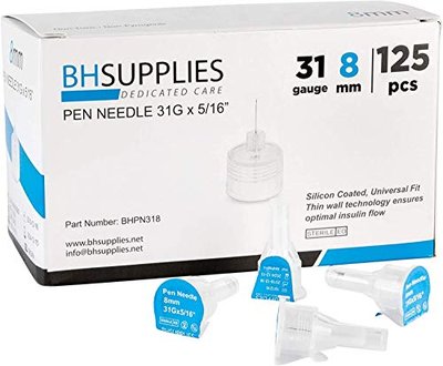 BH Supplies Insulin Pen Needles 31 Gauge - 5/16", 8mm (Pack of 125)