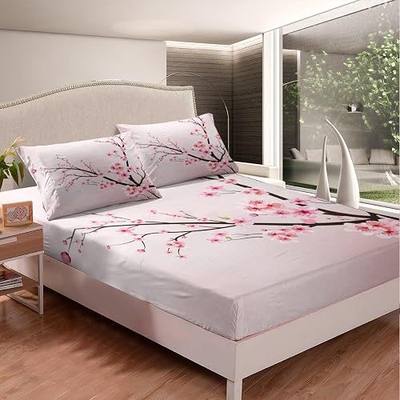 Feelyou Cherry Blossoms Bed Sheet Set Sakura Flowers Branch Fitted Sheet Pale Pink Bedding Set for Girly Girls Teens Kids Child,Japanese Spring Bed Cover Queen Size 1 Bed Sheet SetWith 2 Pillow Case