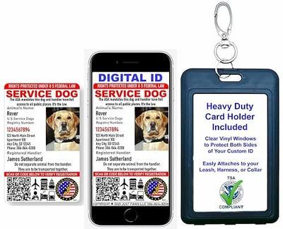 Just 4 Paws Custom Service Dog ID Card with QR Code & Security Seal and Optional Holograph | Registration to U S Service Dogs Registry Plus ID & Digital ID Holder- Portrait Style