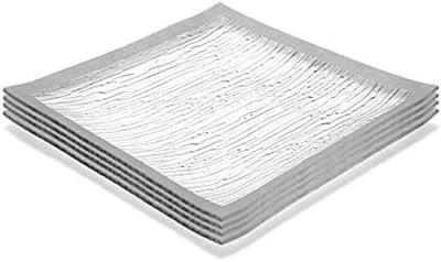 GAC Set of 4 Elegant Tempered Glass Dinner Plates Square Glass Plate 10.5 Inch, Break and Chip Resistant – Oven/Microwave Safe – Dishwasher Safe – Decorative Silver Border