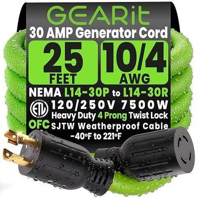 GEARit 30 Amp Generator Cord 25 Ft, NEMA L14-30 Extension Cord, 10/4 SJTW 30amp Generator Extension Cord, 120/250V 7500W Heavy Duty 4 Prong Twist Lock for Manual Transfer Switch & Portable Generator