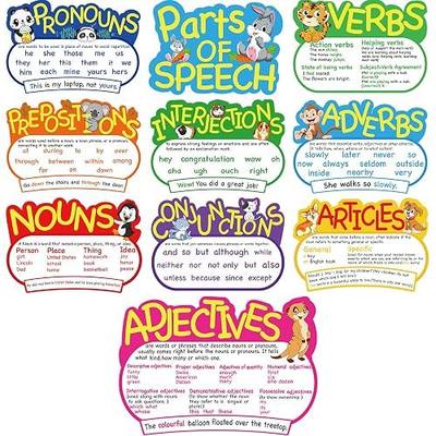 Outus 10 Pcs Parts of Speech Poster for Classroom Teachers (Bright, Animal) | Bulletin Board Cutouts, Classroom Decor, Elementary Homeschool, Teacher Supply