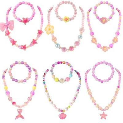 PinkSheep Kids Classic Jewelry, 6 Set Beaded Necklace and Bracelet for Girl | Favors Bags for Toddler Girls Jewelry, Birthday Christmas Gift