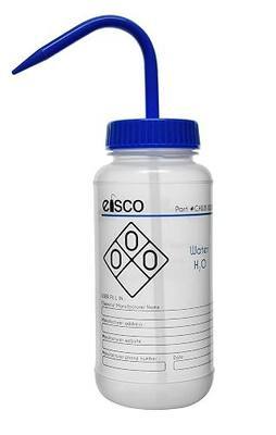 EISCO Wash Bottle for Water, 500ml - Labeled with Color Coded Chemical & Safety Information (2 Color) - Wide Mouth, Self Venting, Polypropylene - Performance Plastics Labs