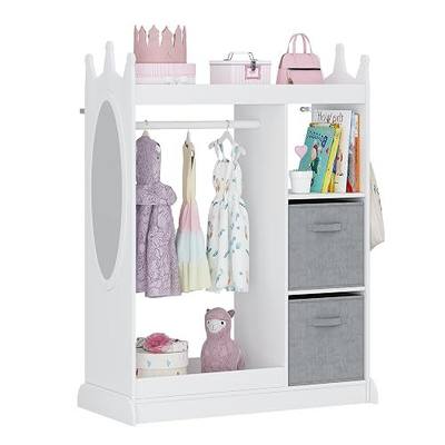 UTEX Kids Dress up Storage with Crown-Shaped Design and 2 Fabric Bins | See and Store Kids Wardrobe, Toddler Dress Up Rack, Open Hanging Armoire Closet, Water-based Paint, Princess Style