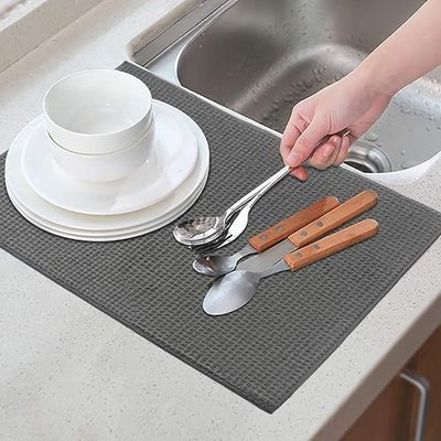 2-Packs 20" x 15" Microfiber Dish Drying Mat for Kitchen Counter-top, Dry Pad for Dishes, Flatware, Dinnerware, Glassware, Drinkware, Serveware, Plate, Tabletop Accessories, Machine Wash, Gray