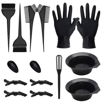CREATESTAR Hair Dye Brush and Bowl Set, 15 PCS Professional Salon Hair Coloring Kit, DIY At-Home Dye Accessories with Tinting Bowl, Brush, Ear Covers, Gloves, Tint Comb, Agitator, Hairclips