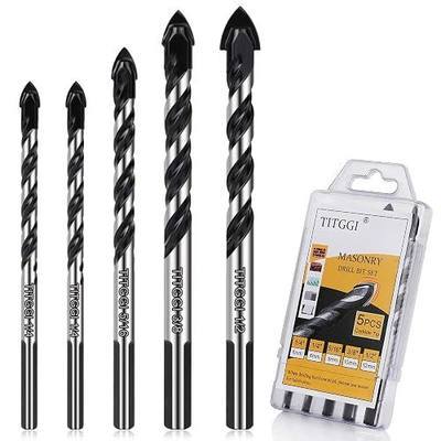 5-Piece Masonry Drill Bit Set & Concrete Drill Bit Set, 5 Sizes, 1/4"-1/2" | Carbide Drill Bits for Tile, Ceramic, Glass, Cement & Brick, Bath & Kitchen, Dual U-Groove, 3-Flat Shank, Standard Drill Fit