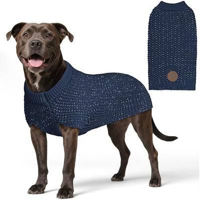 KYEESE Dog Sweater for Large Dogs with Leash Hole Warm Pullover with Reflective Yarn Male Thick Stretchy Knitwear Winter Soft Pet Coat boy for Cold Weather Comfy Dog Sweaters, Navy Blue, XX-Large