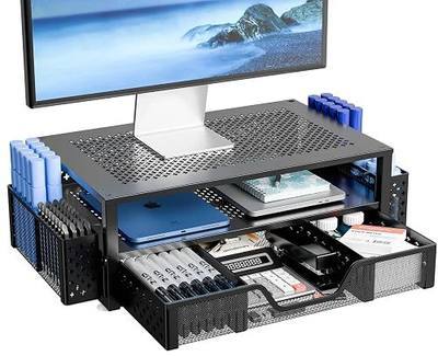 Simple Trending 2-Tier Metal Monitor Stand with Drawer & Pen Holder, Black | 20"W x 10"D x 5.8"H. Metal mesh cooling prevents overheating. 2-tier + drawer + pen holders. Non-slip. Fits laptop & monitor.