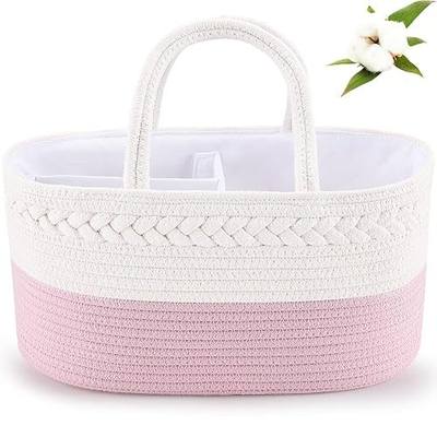 ABenkle Diaper Caddy Organizer, Rope Woven Storage Baske, Pink | Cotton Rope, Nursery Storage Basket for car & changing table | holds diapers, wipes & baby essentials | durable