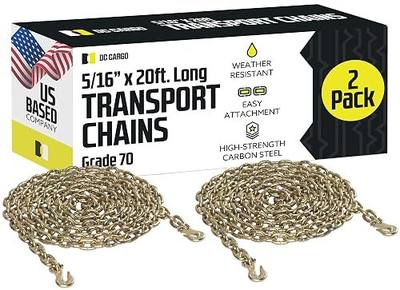 DC Cargo Tie Down Transport Chains - Heavy Duty Tow Chain with 5/16" Grade 70 Chain, Log Chain Hooks, G70 Load Binder Chain is 20 ft Long, 4,700 lbs WLL (Pack of 2)