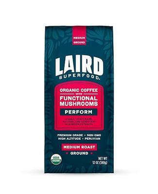 Laird Superfood Peruvian Medium Roast Coffee with Functional Mushrooms, Certified Organic Peruvian Ground Coffee Beans, Gluten-Free, Dairy-Free, Non-GMO, Paleo, Keto Friendly, 12 oz. Bag